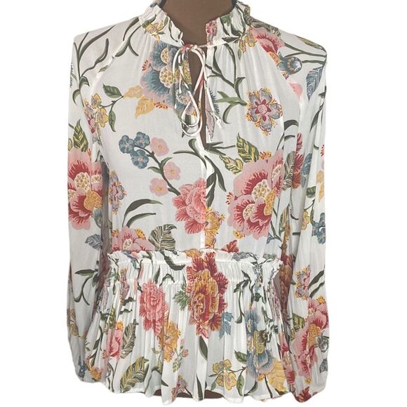 Loft floral high smocked neckline ruffled peplum blouse with front tie size S - Picture 1 of 12